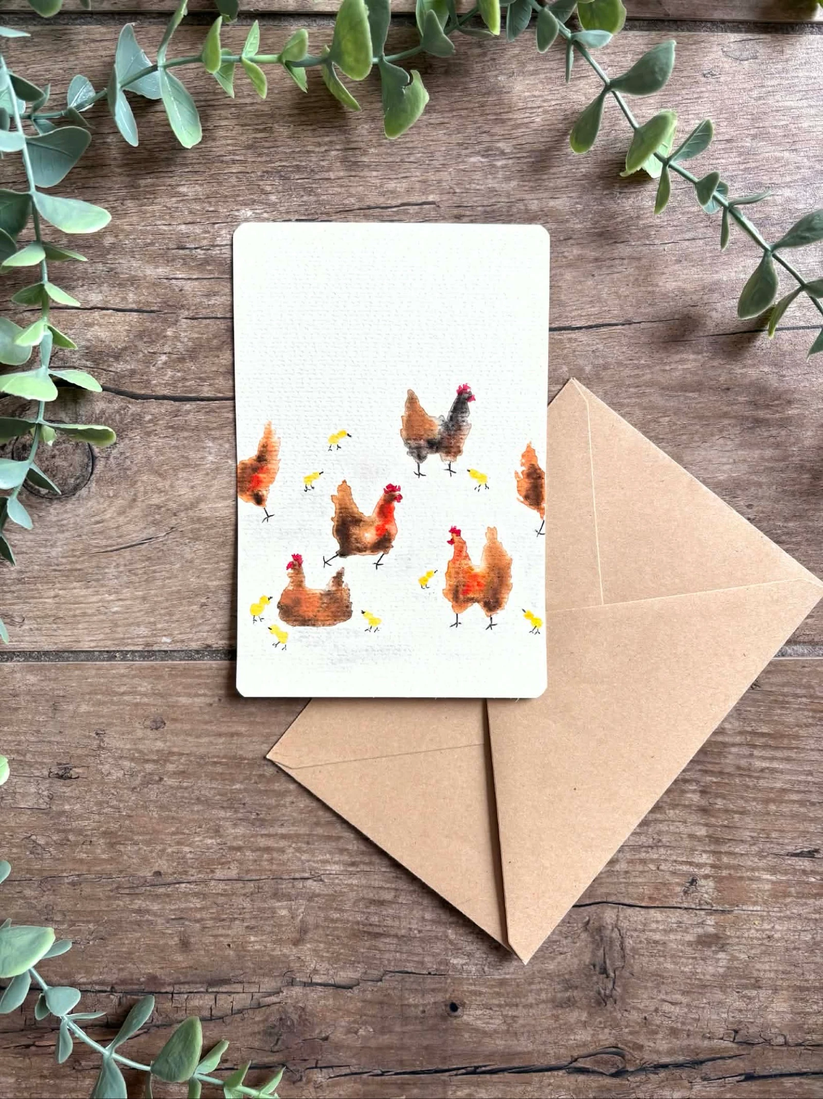 Carte peinture aquarelle poules et poussins